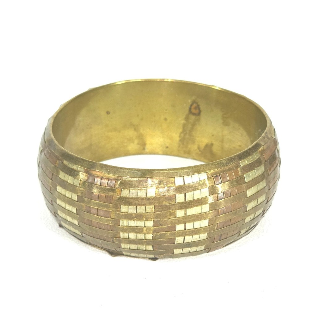 Vintage 70s‎ Woven Brass Bangle Cuff Bracelet Peasant Basket Pattern Bohemian